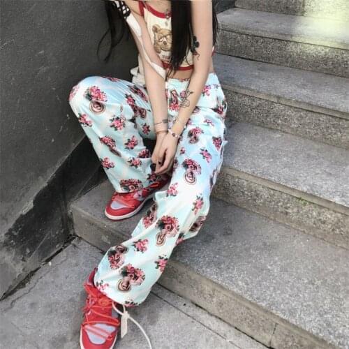 Womens Straight Leg Pants for 2021 Summer Korean Style Clothing Teenage Girls Fashion Trends Punk Streetwear Rose Print Trousers
