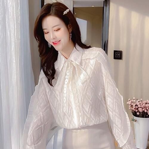 Autumn Spring New Women Sweet Blouse Elegant Vintage Lace Palace Style Office Shirts Long Sleeve White Chiffon Party Club Shirt