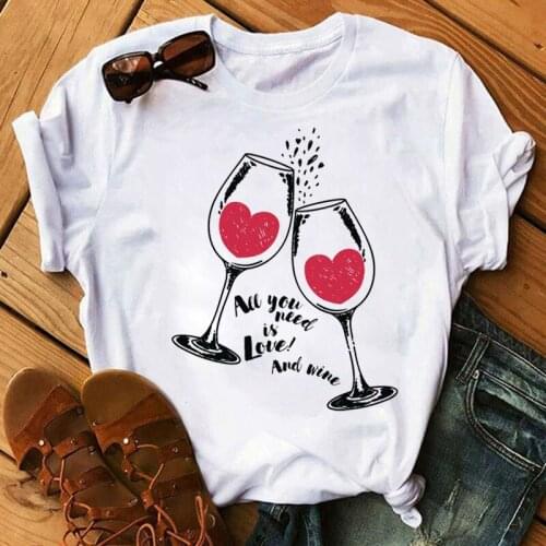 FIXSYS Wine and Love Glass Women Tshirt Funny Letters Printed T Shirt Women Summer New Fashion Short Sleeve Casaul Tshirt