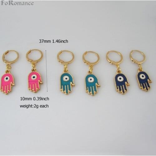 Foromance/- YELLOW GOLD GP DANGLE HAND HASMA EVIL EYE SHAPED 1.46 INCH LONG EARRING GREEN BLUE PINK