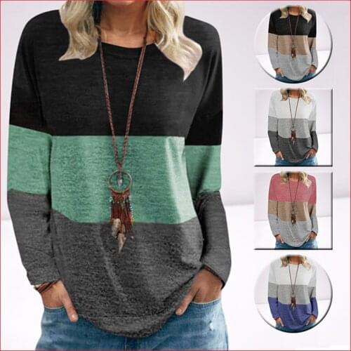 Autumn Women Harajuku Patchwork T-shirt Vintage Loose Casual Tops Round Neck Long Sleeve Tees Streetwear Aesthetic Tshirt Female