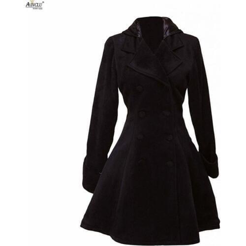 Ainclu High Quality Black Classic Defined Waist Double Breasted Wool Womens A-line Lolita Overcoat For Casual/Party/Halloween
