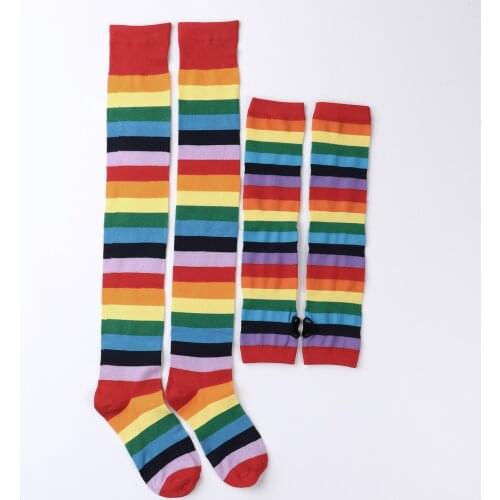 Colorful Rainbow stockings Women Striped High Thigh Knee Socks Arm Warmer Gloves Set Halloween Costume Party Cosplay Mittens