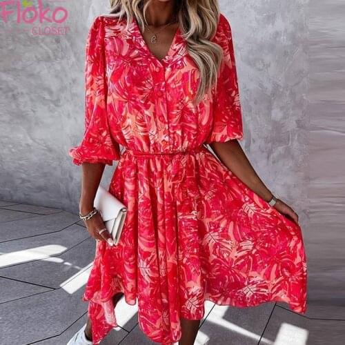 Flokocloset Summer V-Neck Print Irregular Chiffon Midi Dress Dress Elegant Women Button Slim Party Dress Beach Sundress