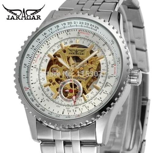 Jargar Mens Watch Automatic Skeleton Stainless Seel Bracelet Analog Display Brand Antique Wristwatch Color Gold JAG8058M4S1