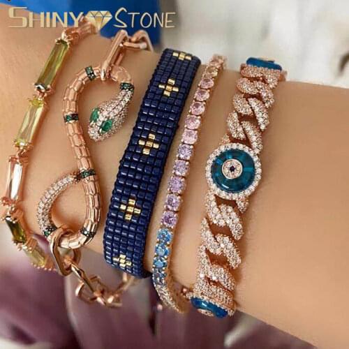 2021 New Iced Out Bling Blue CZ Round Eyes Bracelets Silver Color Zircon Cuban Miami Link Chain Eye Chamr Bracelet Women Jewelry