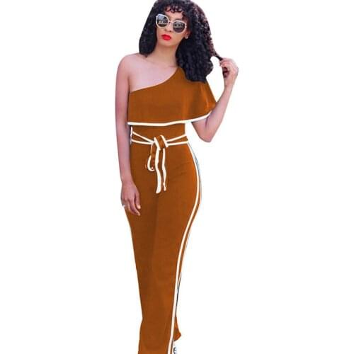 New Office Lady One Shoulder Wide Leg Jumpsuit Women Overalls Ruffles Sexy Party Rompers Workwear Loose Elegant Jumpsuit Sashes
