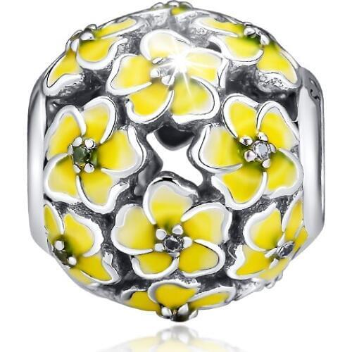 Fits for Pandora Charms Bracelets Daisy Beads with Yellow Enamel 100% 925 Sterling Silver Jewelry Free Shipping