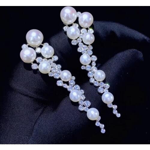 Natural fresh water pearl earring long 925 sterling silver with cubic zircon fine women jewelry party free shipping