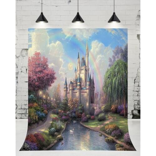 VinylBDS Fairy Tale Children Backdrop Cartoon Castle Princess Background Blue Sky Rainbow Scenery Backdrops for Photo Studio