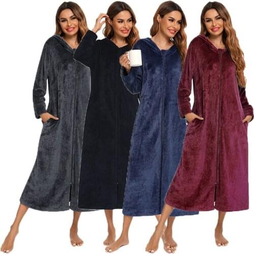 Womens Home Clothes Winter Warm Pocket Flannel Nightdress Front Zipper Robes Long Hooded Female Pajamas Comfortable Sleepwear