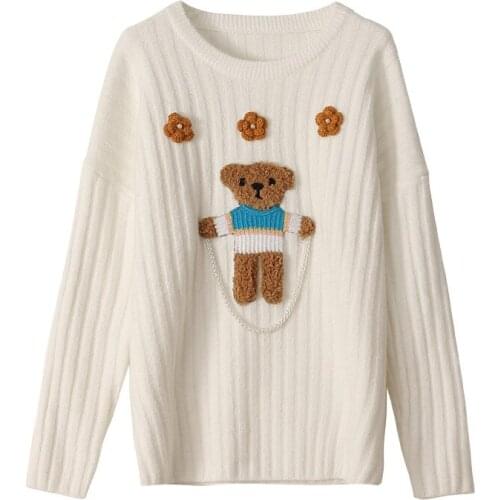 2021 Autumn Winter Runway Bear Jacquar Beading Sweater Women Long Sleeve O-Neck Knitted Pullovers Bushness Casual Fashion Tops