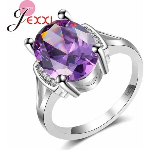 Popular Purple Oval Crastal Ring For Girls Lady 925 Sterling Silver Zircon Wedding Rings For Women Female Romantic Gift