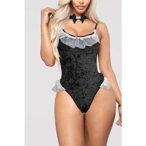 Female Sleeveless Strapless Lace Xmas Nightwear Women Velvet Chritmas Sleepwear Sexy Spaghetti Bodysuits Sleepwear
