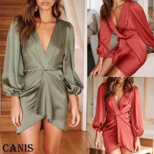 Women V-Neck Holiday Long Sleeve Sexy Tunic Dress Ladies Casual Party Mini Dress