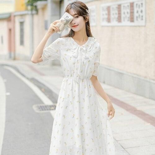 Flower Print Chiffon Dress Women Fashion Peter Pan Collar Short Sleeve Vestidos Elegant Lace Up Slim Waist White Dresses Y374