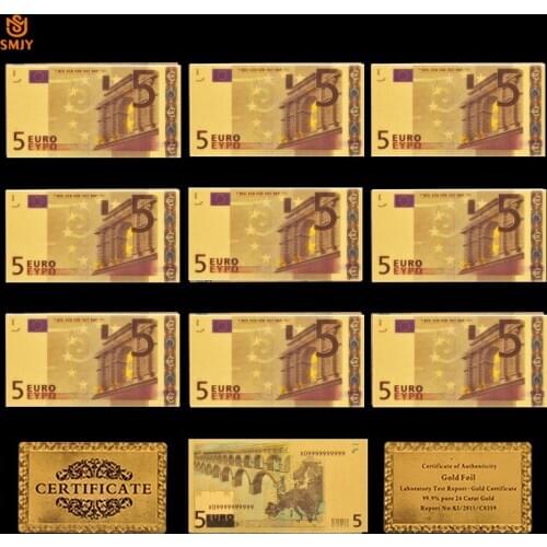 10Pcs/Lot Color European Gold Banknote 5 Euros Paper Money Replica Currency Collection in 24k Gold Plated