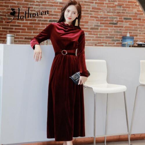 2018 Winter Party Office Dresses for Women Solid Long Sleeve Stand Collar Vintage Vestidos Velvet Dresses Sashes A-Line Dress
