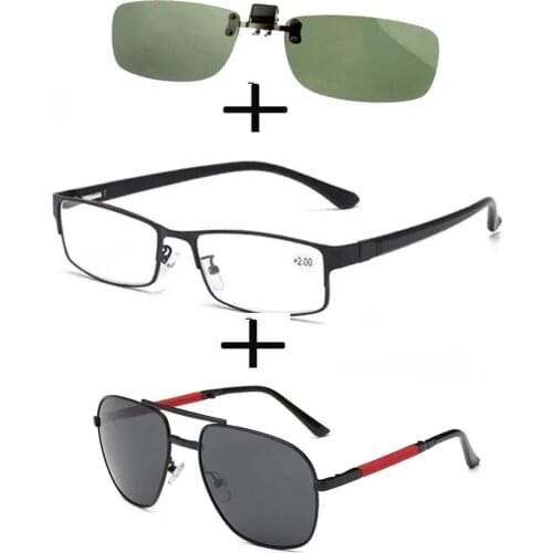 3Pcs!!! Rectangular Metal Black Business Reading Glasses Men Women + Alloy Polarized Sunglasses Pilot Foldable + Sunglasses Clip