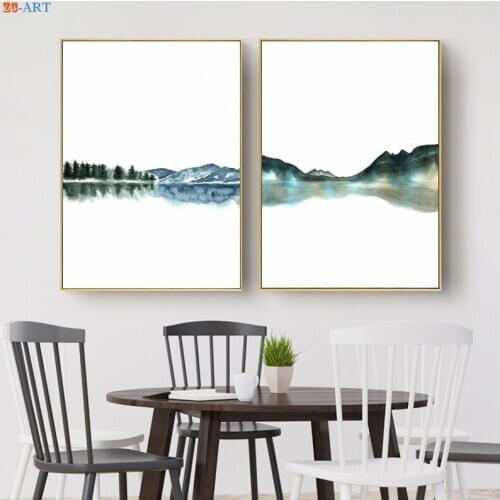 Abstract Landscape Canvas Painting Blue Mountains Lake Reflection Art Print Nature Poster Wall Art Minimalistic Decor Unframed