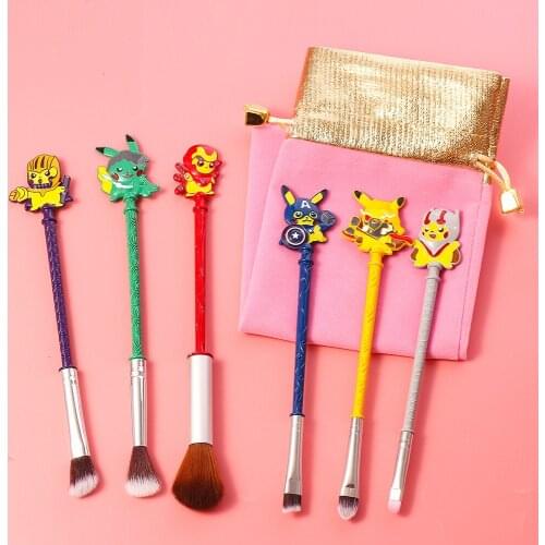 6pcs/set The Avengers Makeup Brush Cosmetics Beauty Tools Pikachu Cos Iron Man Thor Hulk Thanos Anime Soft Brush For Girls