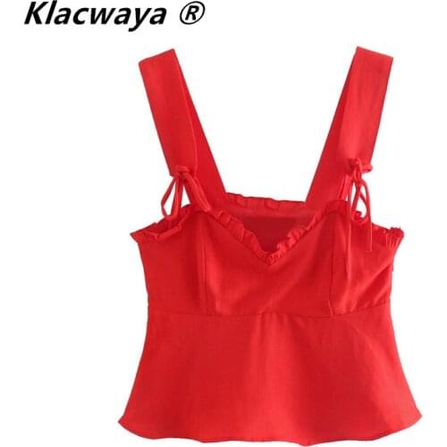 Klacwaya Za Top Woman Summer 2021 Red Bow Strappy Crop Top Women Fashion Adjustable Straps Ruffle Sleeveless Corset Tanks Camis
