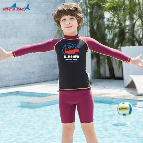 Boys Swimsuits Two Piece Swimming Suit UPF 50+ Rashguard Print 2 piece Set Long Sleeve Sun UV Protection Kids Rash Guard Orange