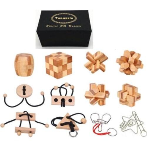 Set of 12PCS Mixed Bamboo Metal Brain Teaser Puzzles Game Box Gift for Children Adults