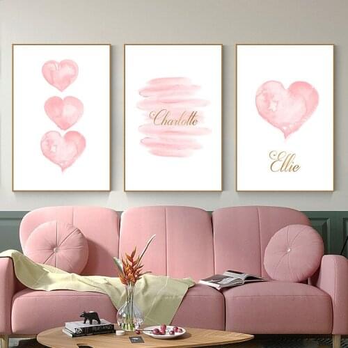 Watercolor Pink Heart Personalized Name Custom Wall Art Canvas Painting Nordic Posters And Prints Wall Pictures Kids Room Decor