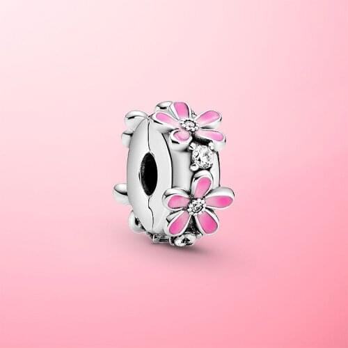 New Hot 925 Sterling Silver Beads Pink Daisy Flower Clip Charm fit Original Pamura Charm Bracelet S925 Silver Jewelry Gift