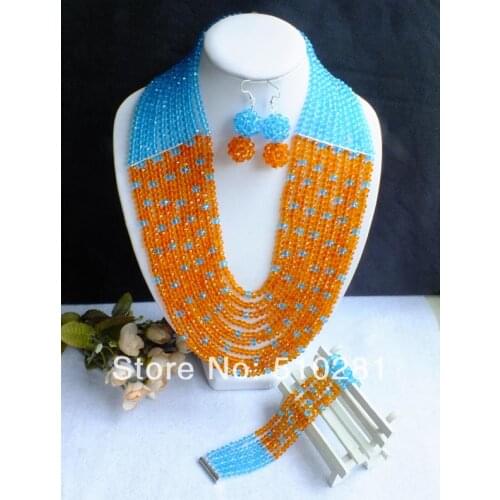 Nigerian New Design, Ten Lines Orange Blue Crystal Jewelry Set For African Wedding Bridal