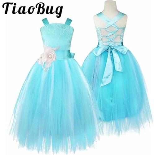 Blue Flower Girls Dress Kids Pageant Party Ball Gown Prom Princess Formal Occassion Long Crossed Back Dress