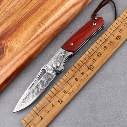 Outdoor Damascus steel wooden handle folding knife sharp meat cutting kitchen tactics camping self-defense hunting tool knif
