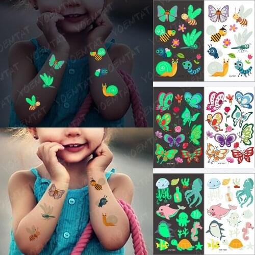 Luminous Glitter Tattoo Sticker Butterfly Bee Glow in the Dark Temporary Waterproof Dragonfly Tatto Cute Kid Cartoon Fake Tatoo