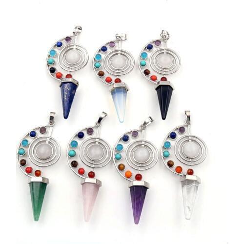 YJXP Hexagonal Cone Stones Pendants Pendulums for Dowsing Divination Yoga Balance 7 Chakra Beads Inlaid Reiki Healing Jewelry