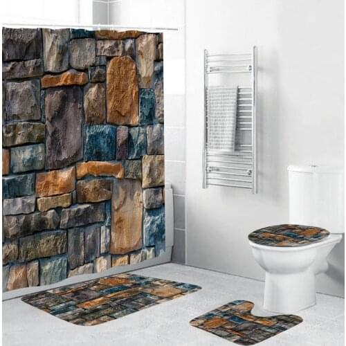 Colored Stone Wall Fabric Shower Curtain Waterproof Polyester Bathroom Curtains Floor Mat Non-slip Rug Bath Mats Set Home Decor