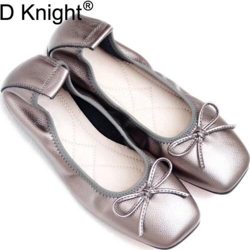 Plus Size 34-43 Womens Ballet Flats New Genuine Leather Slip On Loafers Shoes For Woman Sweet Bow Square Toe Ladies Flats Shoes