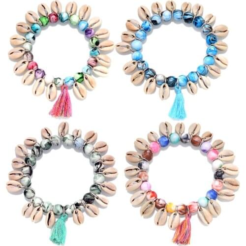 Boho Multicolor Beads White Natural Cowrie Seashell Tassels Stretch Bracelet Women Girl 2020 New Fashion Shells Surfer Jewelry