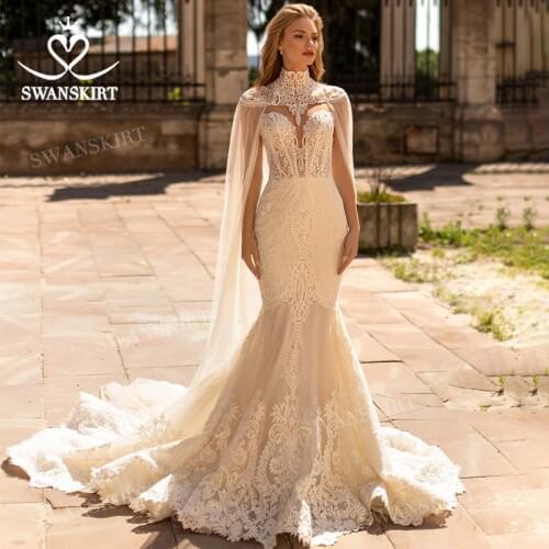 Vintage Appliqued Wedding Dress 2021 Lace Mermaid 2 In 1 Jacket Vestido De Novia Princess SwanSarah W140 Plus Size Bridal Gown