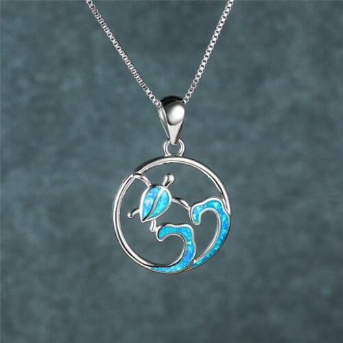 Cute Wave Turtle Opal Pendant Necklace Female Blue White Stone Wedding Necklace Rose Gold Silver Color Chain Necklaces For Women