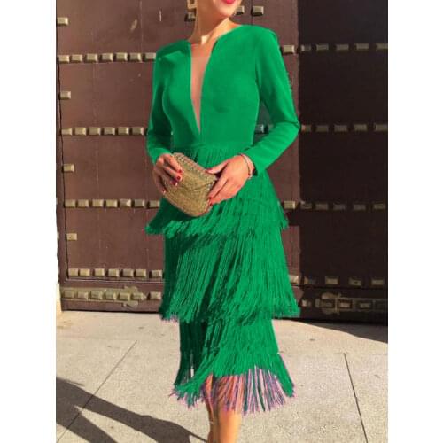 Christmas Long Sleeves Tassels Women Midi Dress Deep V Neck Party Sexy Patchwork with Zipper Female Date Out Fashion Spring New
