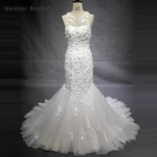 High Quality Ivory Mermaid O Neck Flowers Lace Wedding Dresses 2018 Formal Backless Embroidery Bridal Gowns vestidos de noiva