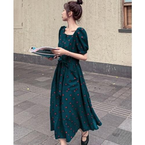 2021 Summer Dress Vintage Women Dress Loose Green Color Ladies Vestidos Dot Print Robe Square Pocket Oversized Brand Dress KE301