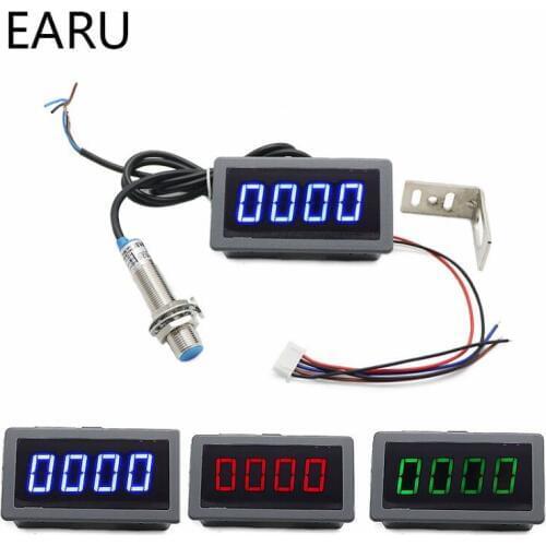 1Set 12V 24V Measuring Gauge 4 Digital Blue/Green/Red LED Tachometer RPM Speed Meter 10-9999RPM Hall Proximity Switch Sensor NPN