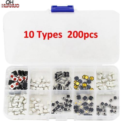200Pcs Tactile Push Button Switch Micro Momentary Tact Assortment Kit for Car Remote Key Button Microswitch 10 Types