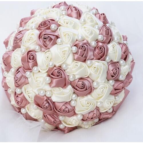 21CM Handmade Pearls Beaded Bridal Wedding Bouquets Bridesmaids Simple Holding Satin Ribbon Flowers Mariage Bouquet Party W322