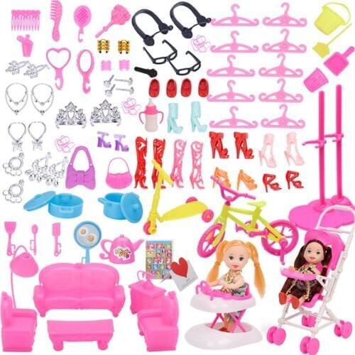94pcs Doll Furniture Pretend Play Toy Sofa Shoes Jewelry For Doll Brabie Kelly Doll House Accessories Girl Present