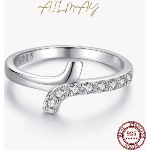 Ailmay 925 Sterling Silver Minimalist Simple Clear CZ Staggered Line X Shape Finger Rings For Women Statement Jewelry Gift