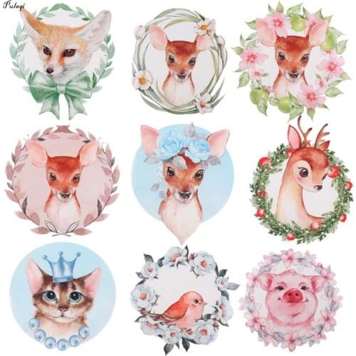 Pulaqi Cartoon Deer Applique Iron On Transfers Vynil Heat Transfer Magic Flower Cat Thermal Stickers On Clothes For Kids T-shirt
