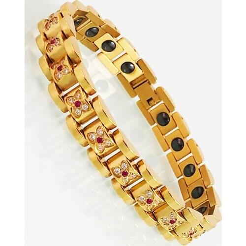 Gold Color 316L Stainless Steel Bracelet for Women Germanium Health Care Magnetic Wristband With Red Crystal Inay Ladies Jewelry